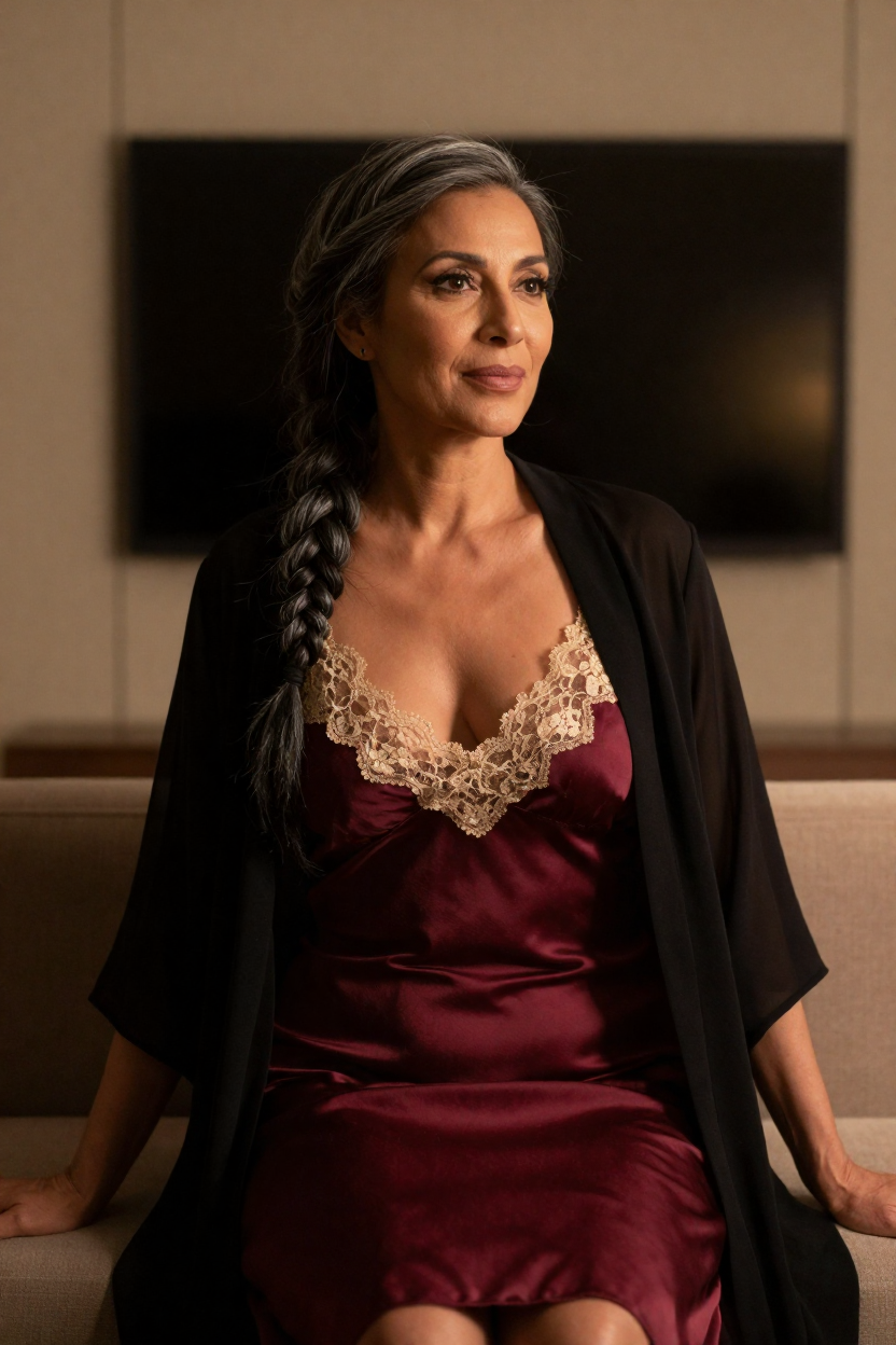 Photorealistic boudoir portrait of a fictional 46-year-old woman, black hair with silver strands in a long