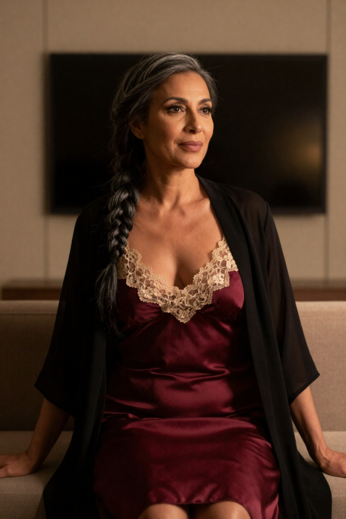 FuliAngTV muse in deep wine silk slip on a lounge sofa